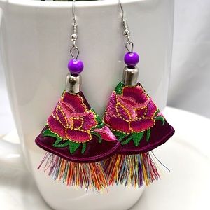 Embroidered Tassel Earrings